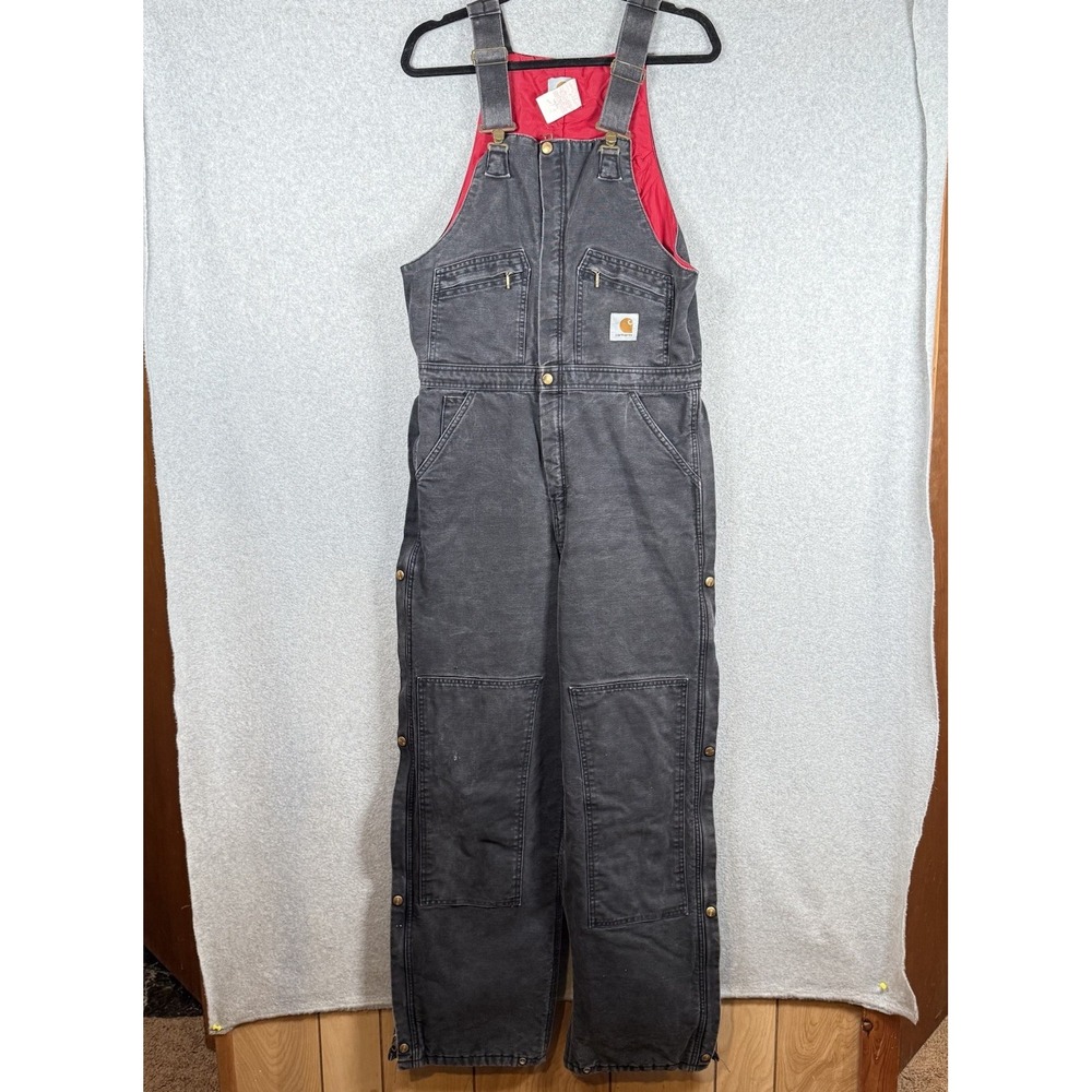 Vintage Carhartt BLK Arctic Red Quilt Lined Double Knee Overalls 34 x 32